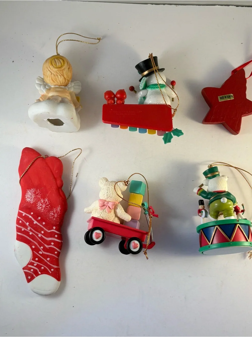 VTG Lot of 6 Christmas Ornament Bear Snowman Santa Cow Angel Drum Music Baby 90